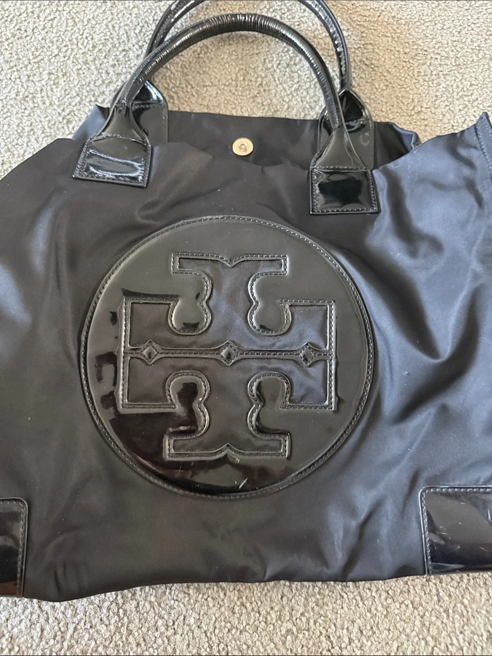 Tory Burch Black Nylon Tote with Patent Logo